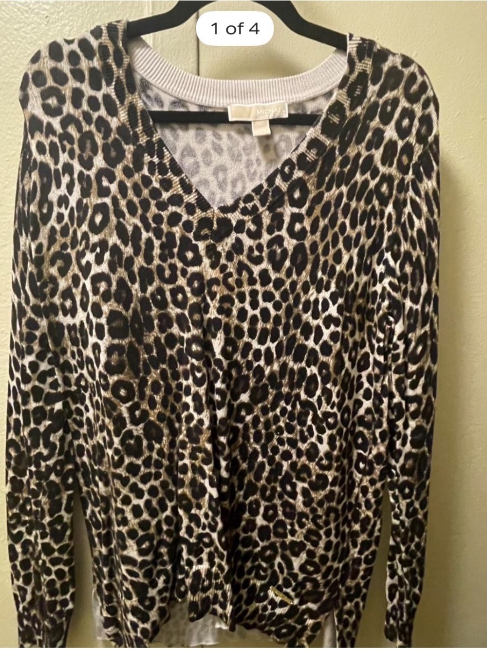 Michael Kors Leopard Print V-Neck Sweater - Black & Cream